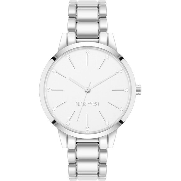 Nine West Women's Silver Crystal Accented Bracelet Watch - Picture 1 of 4